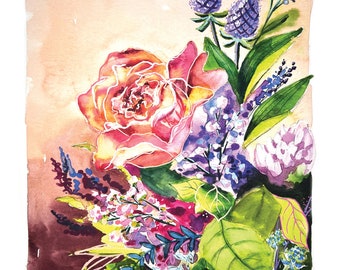 floral watercolor boutique flowers colorful art print oranges purples roses layered colors cheerful art gallery wall art print bouquet