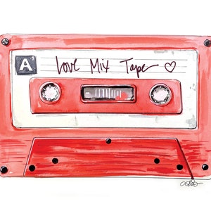 Love Mix Tape, Cassette Art Print, Love Art Print, Vintage Cassette, Vintage Watercolor, Vintage Love, Pink Art Print, Cassette Watercolor