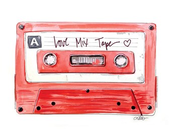 Love Mix Tape, Cassette Art Print, Love Art Print, Vintage Cassette, Vintage Watercolor, Vintage Love, Pink Art Print, Cassette Watercolor