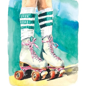 May include: A pair of white roller skates with pink laces and pink wheels. The skates have green and white striped socks on them. The background is a watercolor wash of blue and green.