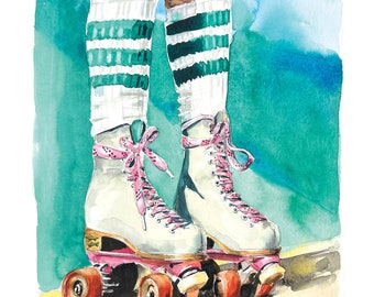 Roller skates watercolor, vintage roller skates, vintage wall art, retro wall decor, rollerskates art, nostalgic painting, happy art