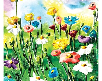 wildflowers, field of flowers, watercolor flowers, sunshine flowers, happy watercolor, bright floral, spring flowers, floral landscape