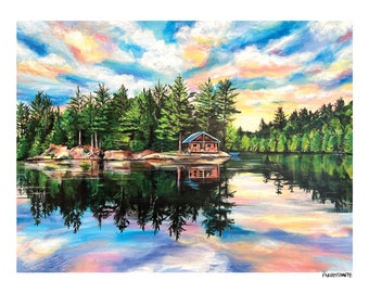 cabin in the woods, reflection painting, outdoors, cottage on the lake, gift for nature lover, colorful sky reflection, nature painting