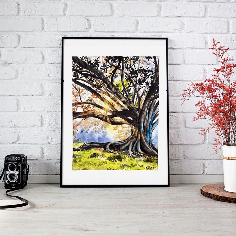 light through the trees, magic tree, light art print, tree wall art, gift for traveler, tree of life, sunshine landscape, detailed painting bild 3