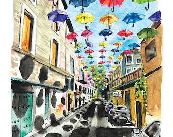 City of Umbrellas, Umbrellas over Street, Travel painting, joyful city, Old San Juan, Puerto Rico, Historic City, Colorful Watercolor,