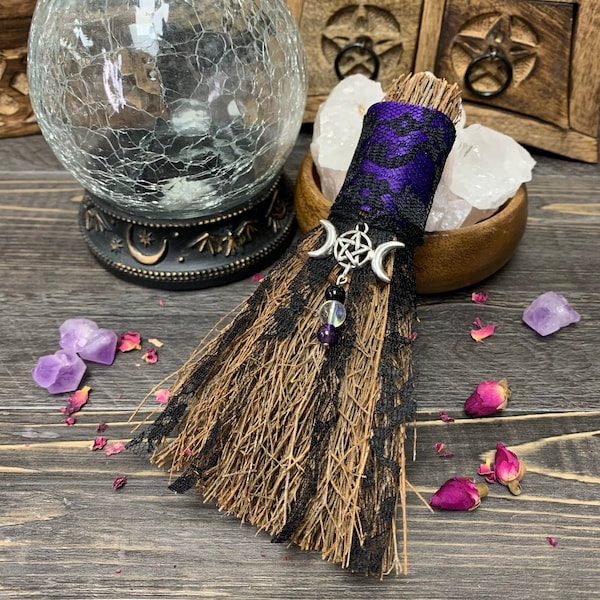 Black Lace Witches Protection Besom | Cinnamon Witch Broom | Amethyst & Onyx | Triple Moon Goddess | Witchy Decor | Wiccan
