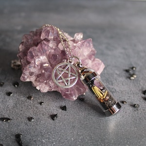 Protection Spell Jar Amulet Necklace, Witchy Crystal Charm Jewelry, Pentacle Charm Necklace, Wearable Spell Jar