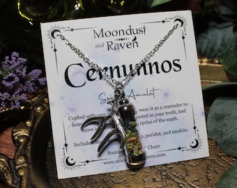 Cernunnos Spell Jar Amulet Necklace, Antler Charm, Witchy Crystal Jewelry
