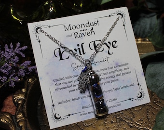 Evil Eye Protection Spell Jar Amulet Necklace, Hamsa Charm, Nazar, Witchy Crystal Jewelry