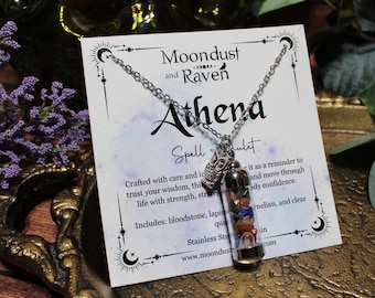 Athena Spell Jar Amulet Necklace, Owl Charm, Witchy Crystal Jewelry