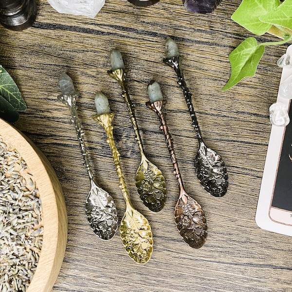 Labradorite Crystal Witch Spoon, Herb Spoon, Altar Tools, Fairy Spoon, Witchcraft Tools, Crystal Intention Spoons, Apothecary Spoons