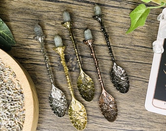 Labradorite Crystal Witch Spoon, Herb Spoon, Altar Tools, Fairy Spoon, Witchcraft Tools, Crystal Intention Spoons, Apothecary Spoons