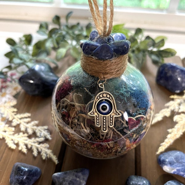 Evil Eye Witch Ball | Protection Witch Ball | Pagan | Wiccan | Witchy Altar Decor | Intention Spell Ball | Sodalite Crystals