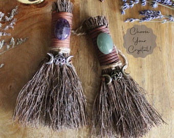 Triple Moon Pentacle Witch's Besom, Witch's Protection Altar Broom, Cinnamon Broom, Crystal Broom, Witchy Decor, Choose Your Crystal