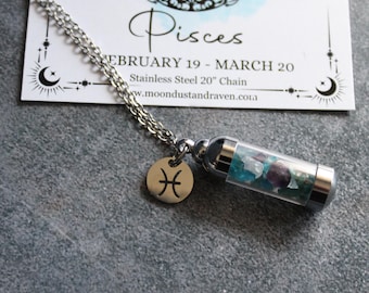 Pisces Crystal Vial Necklace, Zodiac Charm Necklace, Witchy Horoscope Jewelry, Astrology Gift, Witchy Gift