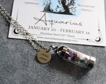 Aquarius Crystal Vial Necklace, Zodiac Charm Necklace, Witchy Horoscope Jewelry, Astrology Gift, Witchy Gift