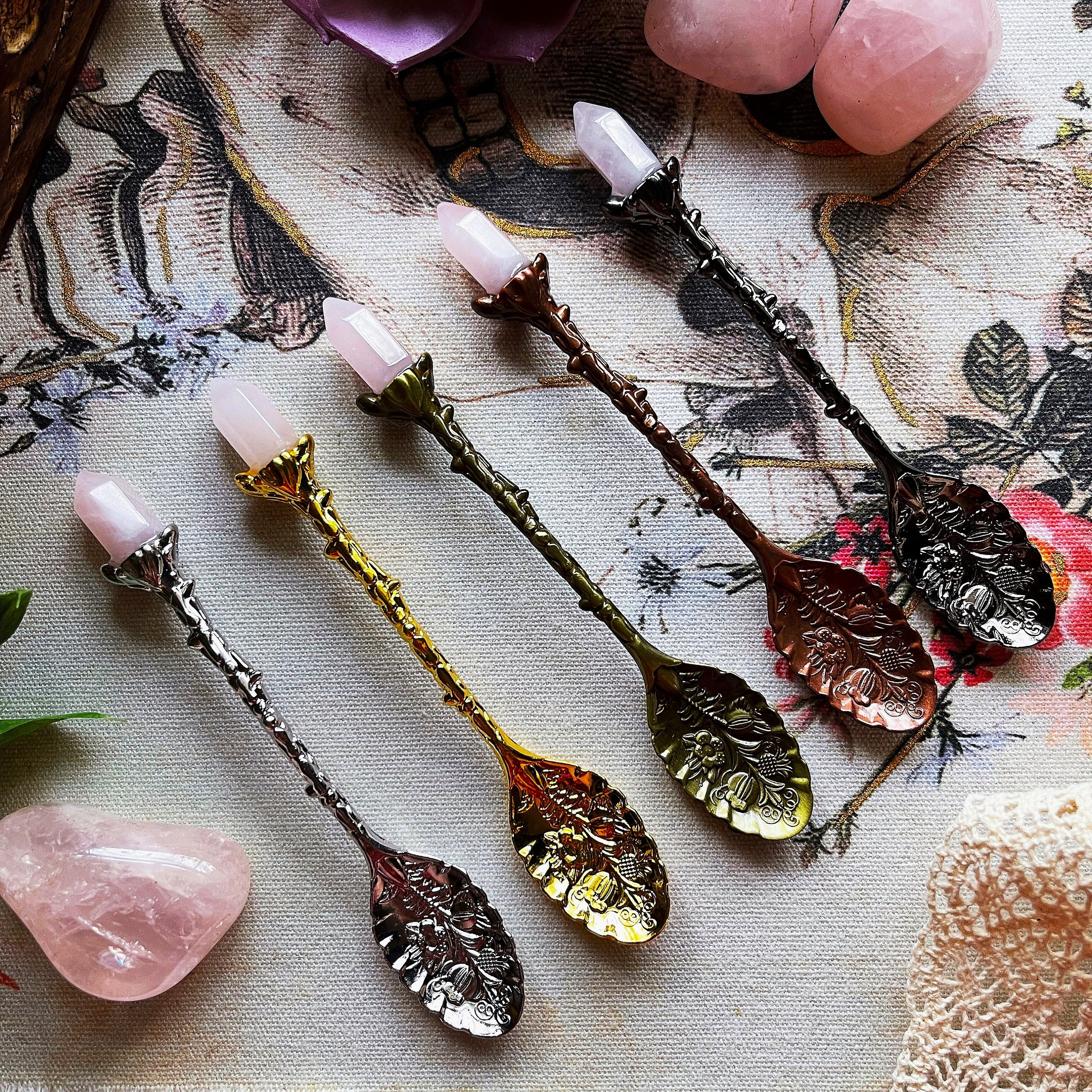 Rose Quartz Crystal Witch Spoon | Herb Spoon | Altar Tools | Fairy Spoon | Faerie Spoon | Pagan | Crystal Intention Spoon | Apothecary Spoon