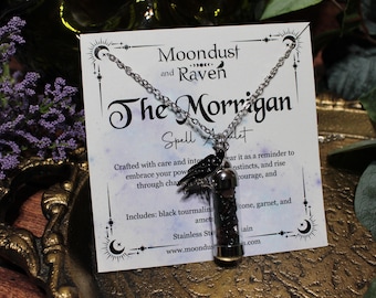 The Morrigan Spell Jar Amulet Necklace, Raven Charm, Witchy Crystal Jewelry