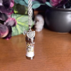 Puede incluir: Un collar de cadena plateada con un peque&ntilde;o colgante de frasco de vidrio. El frasco est&aacute; lleno de hierbas y flores secas y rematado con un dije plateado de un vaso de margarita con una rodaja de lima.