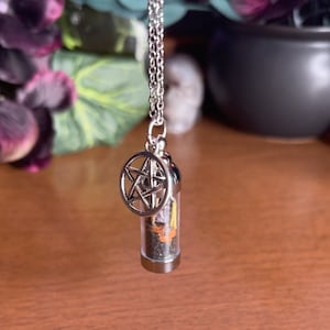 Puede incluir: Un collar de cadena de plata con un colgante de vial de vidrio que contiene hierbas secas y un amuleto de pentagrama de plata.