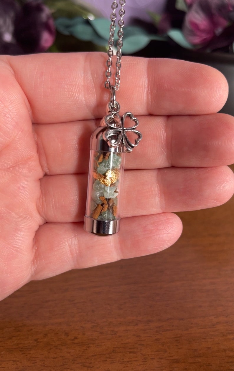 Abundance Spell Jar Amulet Necklace, Good Luck Spell Jar, Witchy Crystal Charm Jewelry, Clover Charm Necklace, Wearable Spell Jar image 4