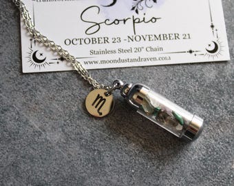 Scorpio Crystal Vial Necklace, Zodiac Charm Necklace, Witchy Horoscope Jewelry, Astrology Gift, Witchy Gift
