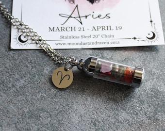 Aries Crystal Vial Necklace, Zodiac Charm Necklace, Witchy Horoscope Jewelry, Astrology Gift, Witchy Gift