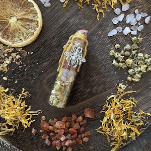 May include: A small glass bottle filled with dried flowers, crystals, and a silver bee charm. The bottle is sealed with a cork and has a golden wax seal. The bottle is sitting on a wooden surface with other natural elements.