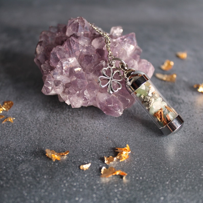 Abundance Spell Jar Amulet Necklace, Good Luck Spell Jar, Witchy Crystal Charm Jewelry, Clover Charm Necklace, Wearable Spell Jar image 1