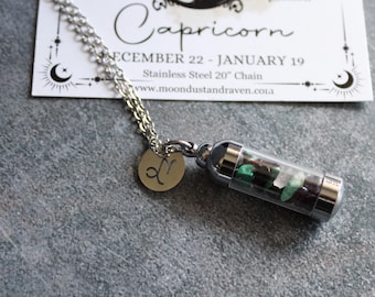 Capricorn Crystal Vial Necklace, Zodiac Charm Necklace, Witchy Horoscope Jewelry, Astrology Gift, Witchy Gift