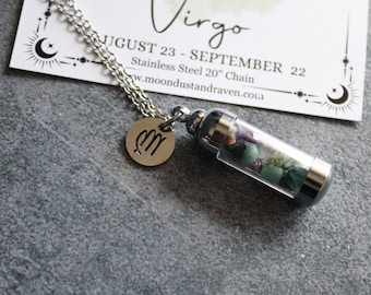 Virgo Crystal Vial Necklace, Zodiac Charm Necklace, Witchy Horoscope Jewelry, Astrology Gift, Witchy Gift