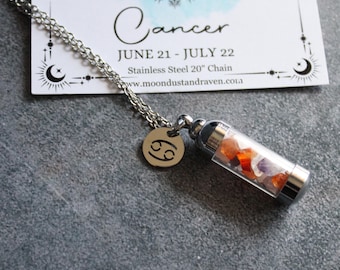 Cancer Crystal Vial Necklace, Zodiac Stainless Steel Charm, Astrology Gift