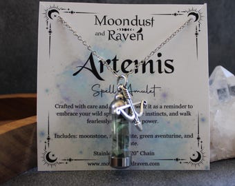 Artemis Crystal Spell Jar Necklace, Moonstone Amulet, Witchy Jewelry