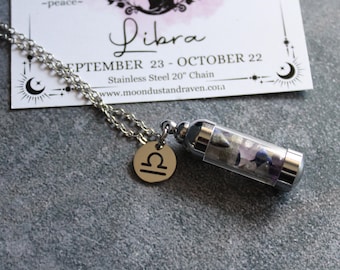 Libra Crystal Vial Necklace, Zodiac Charm Necklace, Witchy Horoscope Jewelry, Astrology Gift, Witchy Gift