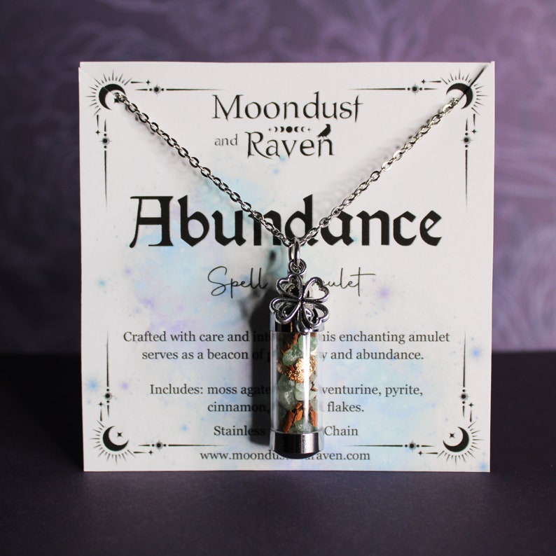 Abundance Spell Jar Amulet Necklace, Good Luck Spell Jar, Witchy Crystal Charm Jewelry, Clover Charm Necklace, Wearable Spell Jar image 5