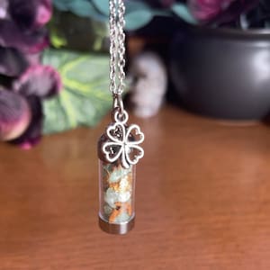Abundance Spell Jar Amulet Necklace, Good Luck Spell Jar, Witchy Crystal Charm Jewelry, Clover Charm Necklace, Wearable Spell Jar image 3