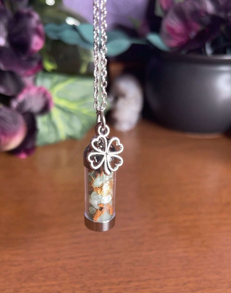 Abundance Spell Jar Amulet Necklace, Good Luck Spell Jar, Witchy Crystal Charm Jewelry, Clover Charm Necklace, Wearable Spell Jar image 3