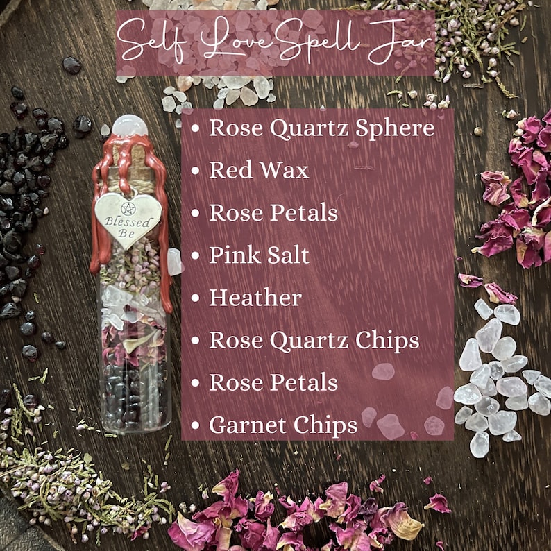 May include: A glass jar filled with rose petals, pink salt, rose quartz chips, and garnet chips. The jar is sealed with red wax and has a charm that says "Blessed Be". The jar is surrounded by rose petals, pink salt, and rose quartz chips.