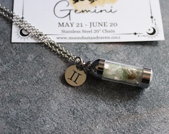 Collier fiole en cristal Gémeaux, collier avec breloques du zodiaque, bijoux horoscope sorcière, cadeau astrologie, cadeau sorcière