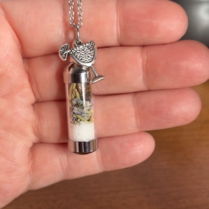 Puede incluir: Collar de plata con un vial de vidrio lleno de hierbas secas y un dije de plata de un vaso de margarita.