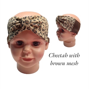 Cheetah print headband/Hearing aid/cochlear/hat/Pilot cap/Bonnet/ side mesh/snaps/retention/infant/baby/children/Boys/Girls/deaf/hoh