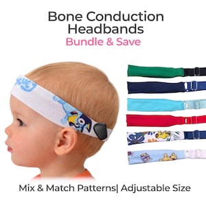 May include: A child wearing a white headband with a cartoon character design and a black bone conduction device. The image also shows several colorful headbands. Text on the image reads "Bone Conduction Headbands Bundle & Save" and "Mix & Match Patterns | Adjustable Size."