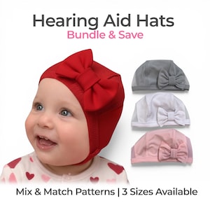 May include: A baby wearing a red hearing aid hat with a large bow. Three additional hats in gray, white, and pink are displayed. Text reads "Hearing Aid Hats Bundle & Save" and "Mix & Match Patterns | 3 Sizes Available."