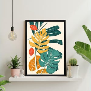 Tropikalne liście, nowoczesna sztuka ścienna z motywem botanicznym, dekoracja z motywem potworów i palm, pobieranie cyfrowe