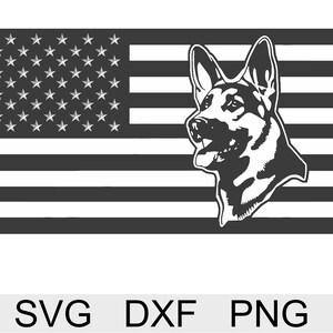 May include: Black and white silhouette of a German Shepherd dog's head in front of an American flag. The flag has 13 horizontal stripes and 50 white stars on a blue field.