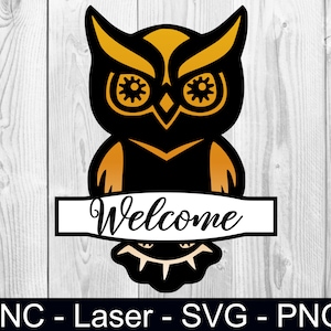 May include: A black and yellow owl with large eyes and a banner that says "Welcome".
