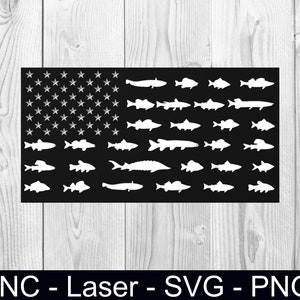 May include: Black and white graphic of the American flag with fish silhouettes replacing the stripes. The upper left corner features stars. The bottom of the image has the text "CNC - Laser - SVG - PNG".