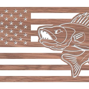May include: A wooden American flag with a white silhouette of a fish, possibly a walleye, in the right half of the flag.