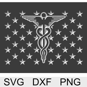 May include: A black and white image of a medical caduceus symbol with a winged serpent, surrounded by a field of white stars on a dark gray background.