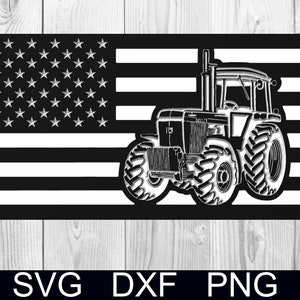 May include: Black and white silhouette of a tractor in front of an American flag. The tractor has a large front tire and a smaller back tire. The flag has 13 stripes and 50 stars.